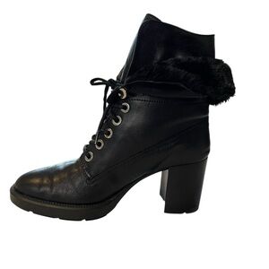 Aquatalia Black Leather Combat Boots Block Heel Faux Fur Trim Size 8.5M